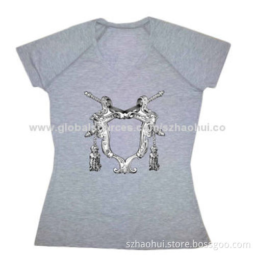 Women's 100% Cotton V-neck Personalized Design Printed T-shirt, Customized Logos, Brand Available